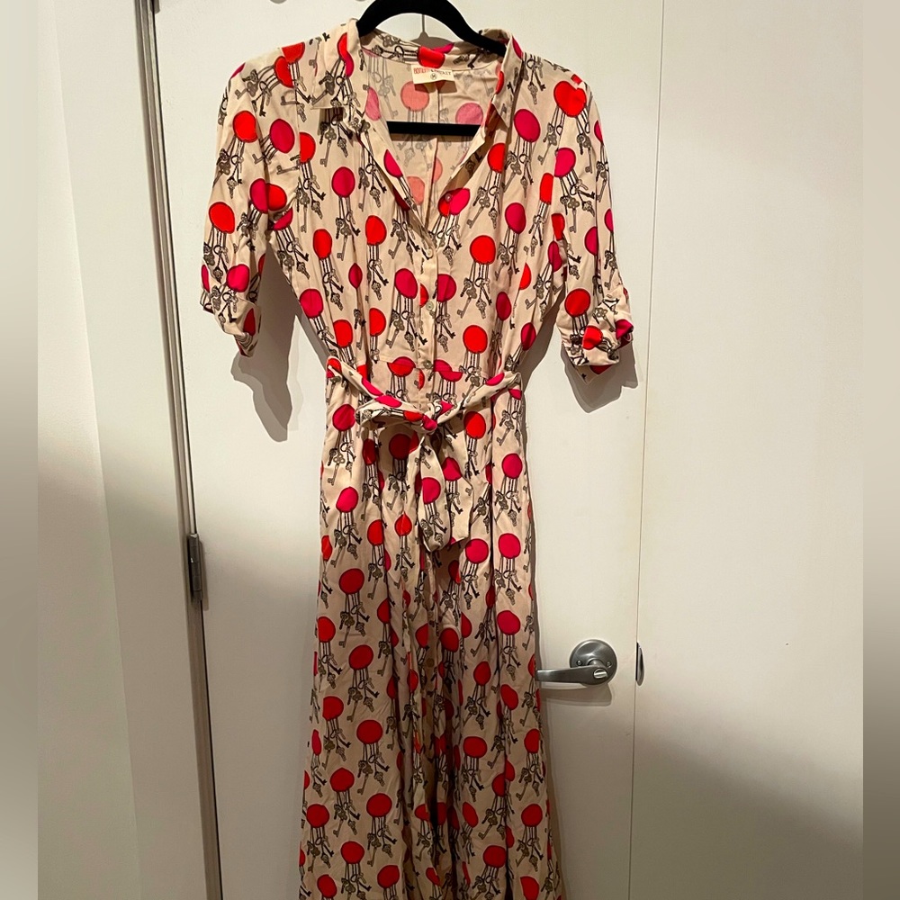 Women's Calf Length Dress in Beige with Red Balloon Design
